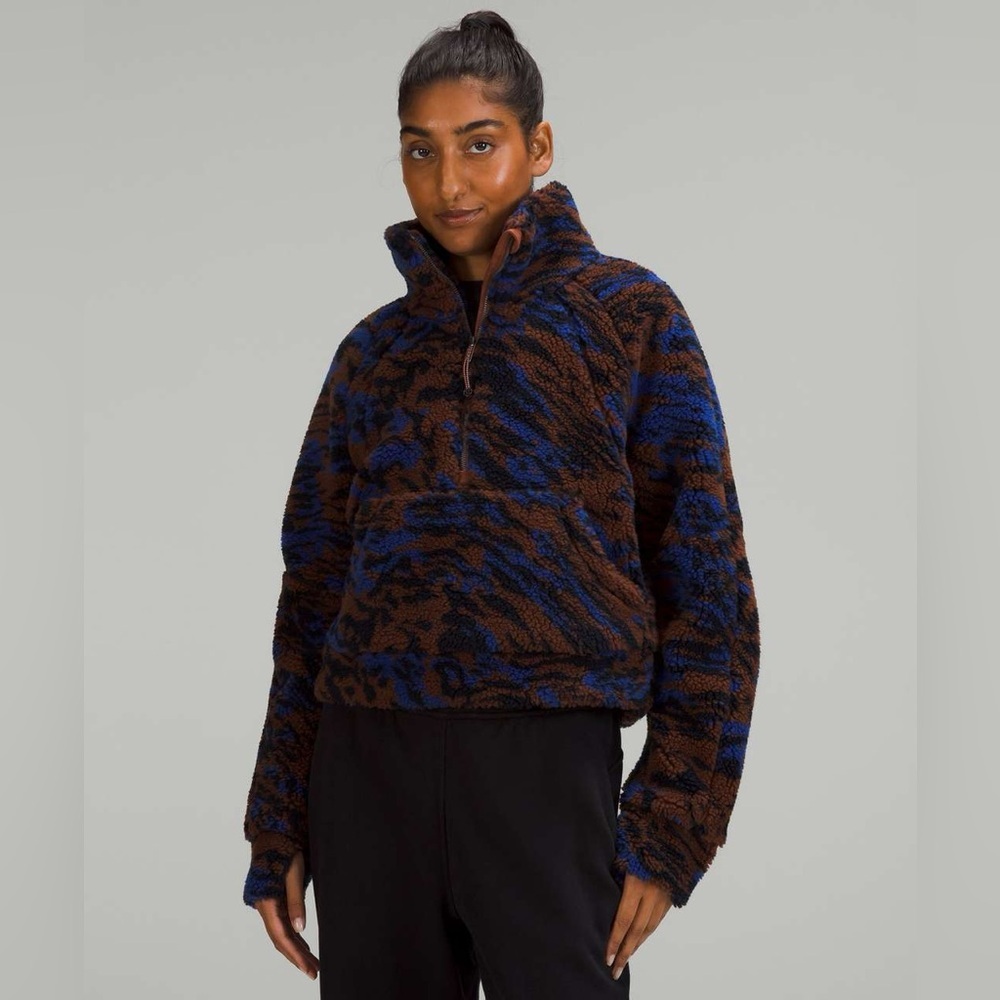 Lululemon athletica cowl neck Blue and Brown Fleece half zip SCUBA M/L
